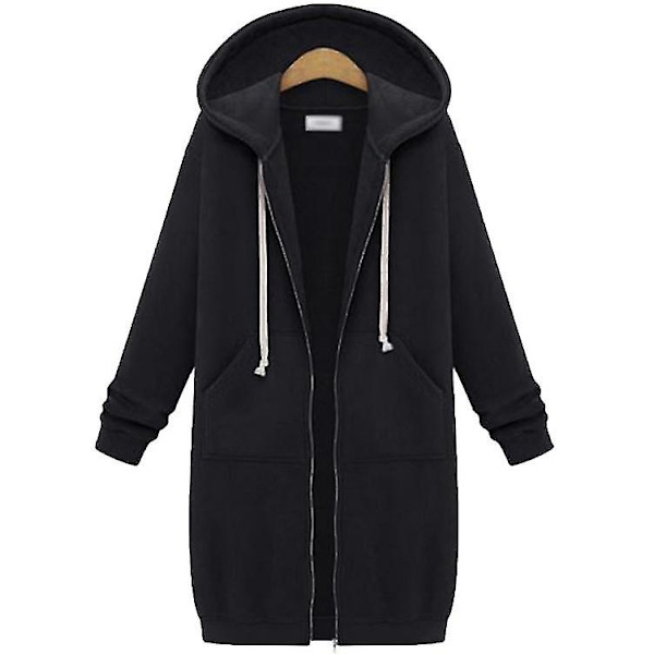 Kvinder Casual Zip Up Fleece Hættetrøjer Tunika Sweatshirt Lang jakke C Black S