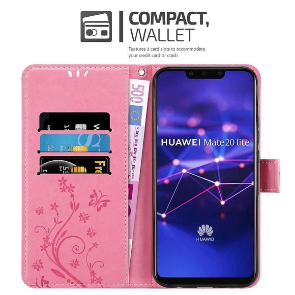 Huawei MATE 20 LITE Handy Hülle Cover Case Etui - med Blumenmuster och Standfunktion och Kartenfach FLORAL ROSA MATE 20 LITE