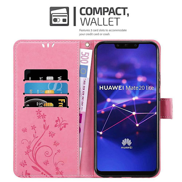 Huawei MATE 20 LITE Handy Hülle Cover Etui - med Blumenmuster og Standfunktion og Kartenfach FLORAL ROSA MATE 20 LITE