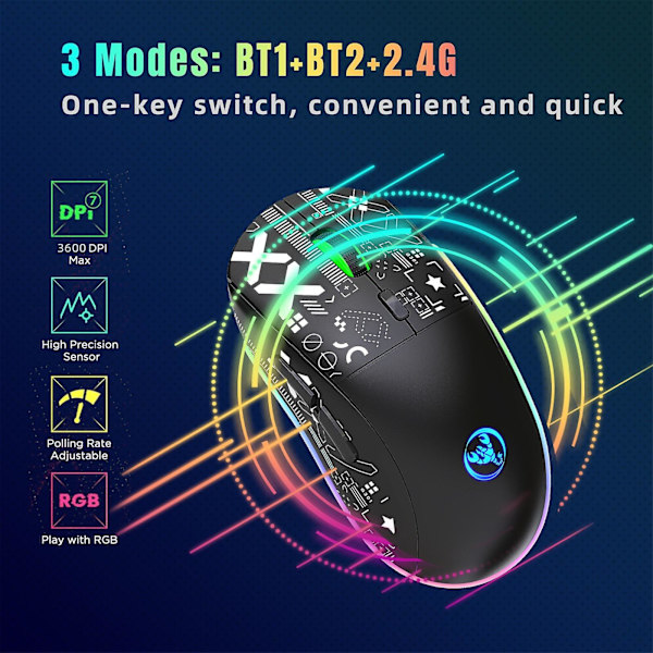 2,4 GHz:n langaton Bluetooth -hiiri Pelihiiri 3-tilan Rgb-taustavalo Langaton Optinen USB pelihiiri 3600dpi ladattava mykistyshiiri Black