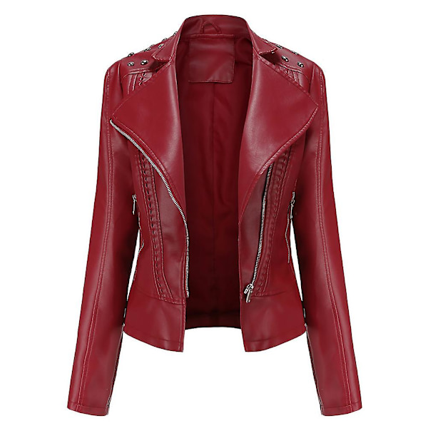 Allthemen Dam Enfärgad Lapel Stud Trim Classic-Fit Läderjacka Red M