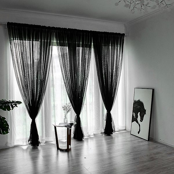 Gardin Tyl Dør Vindue Gardin Drape Panel Gennemsigtigt tørklæde Valancer Moderne soveværelse Stue Gardiner Black