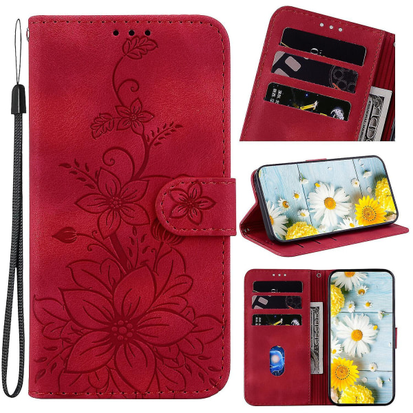 Etui til Oppo Reno 10 5g Præget Lily Flip Wallet Premium Pu lædercover med kortholder Kompatibel med Oppo Reno 10 5g_ggod Red