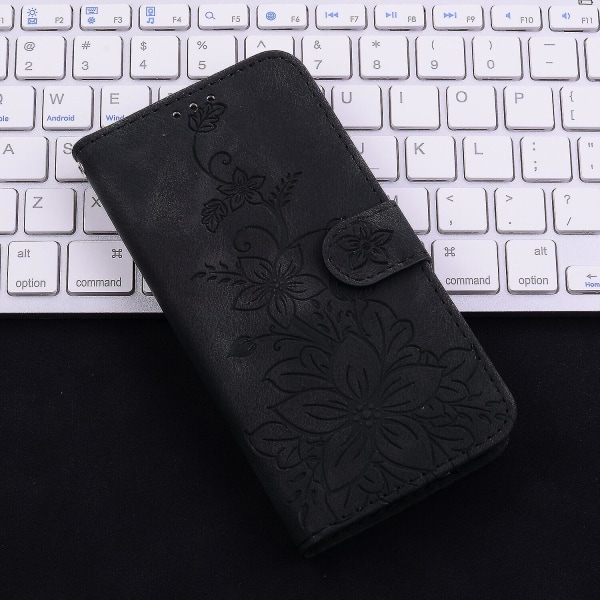 Case Oppo Reno 10 5g kohokuvioidulle Lily Flip Wallet Premium Pu cover korttitelineellä, yhteensopiva Oppo Reno 10 5g_ggod kanssa Black