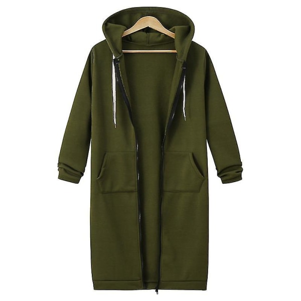 Kvinder Casual Zip Up Fleece Hættetrøjer Tunika Sweatshirt Lang jakke C Green M