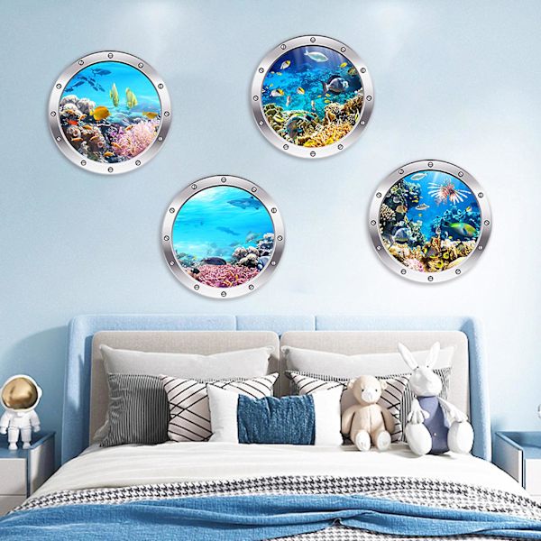 4 cps 3D-valokuvaus vedenalainen seinätarra Kylpyhuone Sea Life Animal Decal -vinyylijuliste, 100 % uusi C