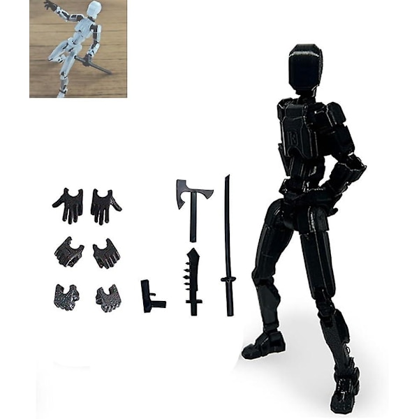 T13 Action Figur, Titan 13 Action Figur med 4 typer våben og 3 typer hænder, 3D-printet multi-leddet bevægelig T13 Action Figur Black