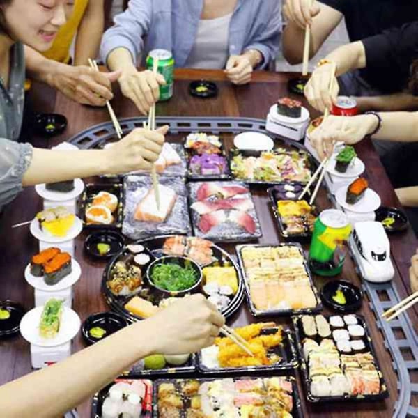 Sushi-juna pyörivä sushi-lelurata kuljetinhihna pyörivä pöytä lasten ruokajunasarja set itse sushia