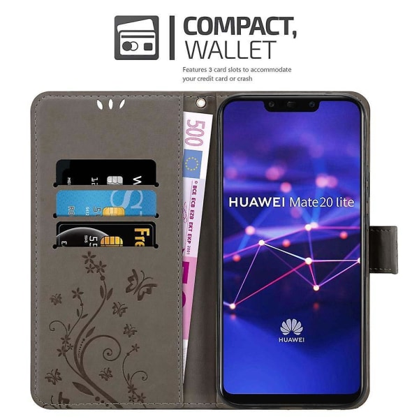 Huawei MATE 20 LITE Kätevä Case Cover Etui - mit Blumenmuster und Standfunktion und Kartenfach FLORAL GREY MATE 20 LITE