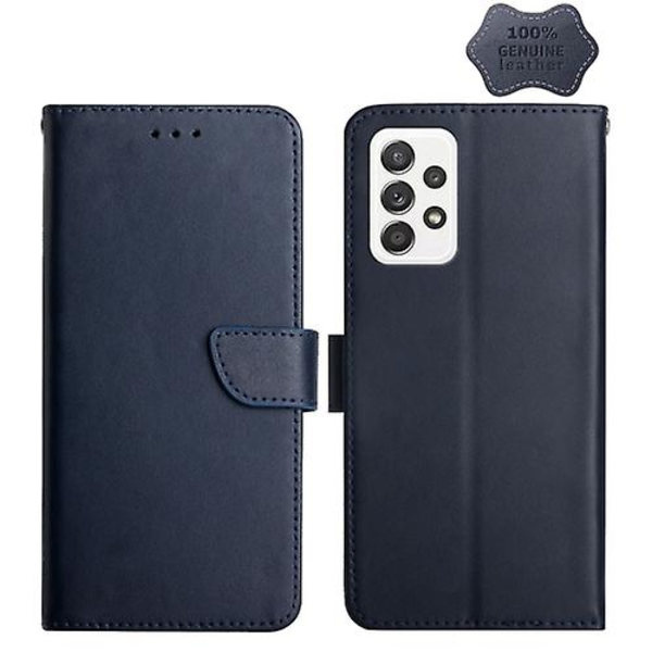 För Samsung Galaxy A53 5g äkta läder Fingeravtryckssäkert horisontellt flip phone case Blue