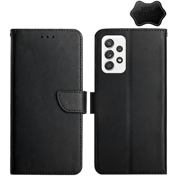För Samsung Galaxy A53 5g äkta läder Fingeravtryckssäkert horisontellt flip phone case Black