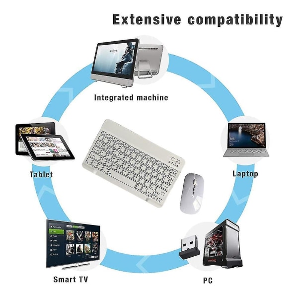 Ladattava Bluetooth näppäimistö ja hiiri -yhdistelmä Ultraohut kannettava kompakti langaton set Android Windows -tablettipuhelimelle Ipad Iosille White