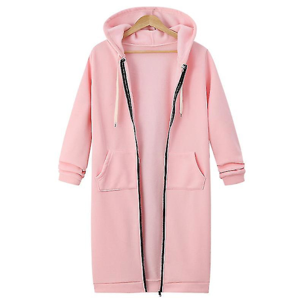 Kvinder Casual Zip Up Fleece Hættetrøjer Tunika Sweatshirt Lang jakke C Pink M