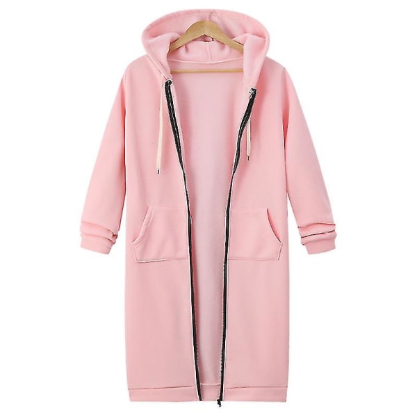Naisten casual vetoketjullinen fleecehupparit Tunika collegepaita pitkä takki C Pink 2XL