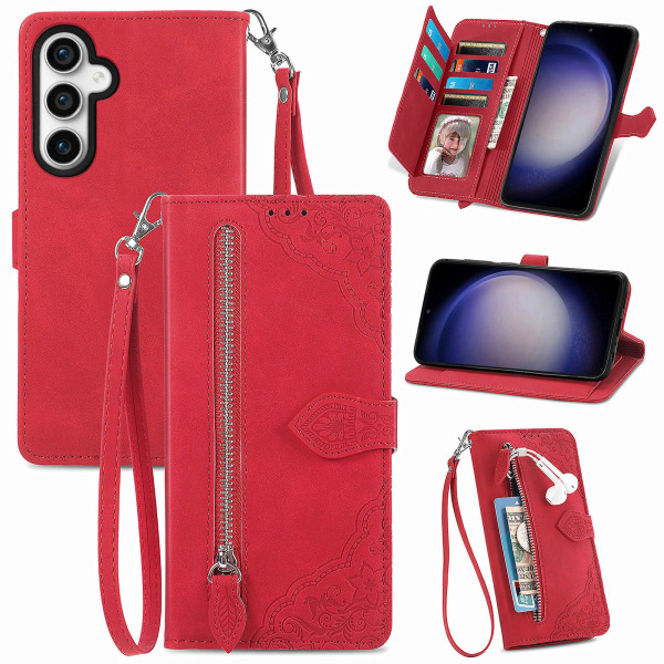 För Samsung Galaxy S23 FE Plånboksställ Blixtlåsficka Telefon Case Blommönstrat cover Red