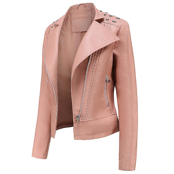 Allthemen Dam Enfärgad Lapel Stud Trim Classic-Fit Läderjacka Pink M