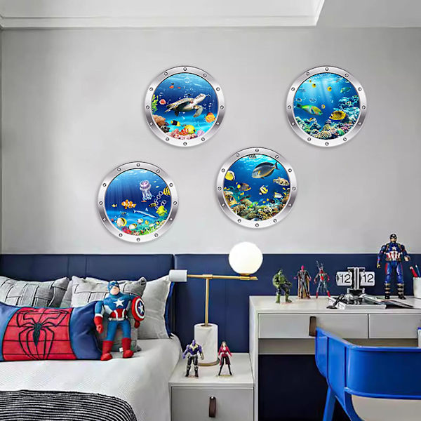 4 cps 3D-valokuvaus vedenalainen seinätarra Kylpyhuone Sea Life Animal Decal -vinyylijuliste, 100 % uusi A