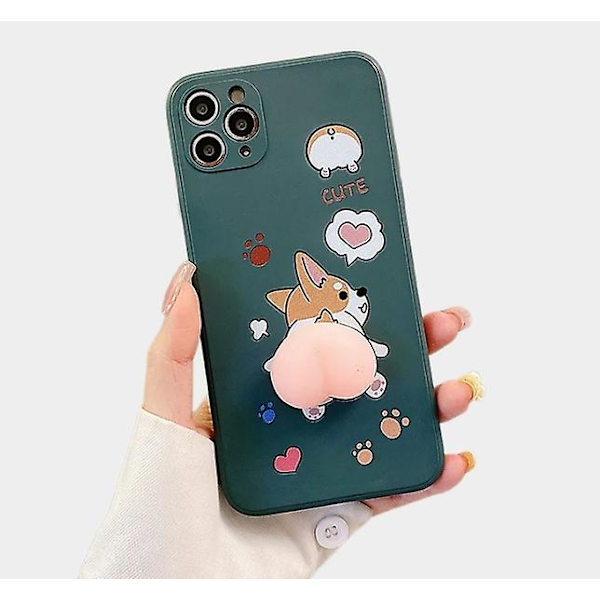 Söt 3D Cartoon Peach Corgi phone case för iPhone 14 Pro Max/13/12/11/SE/XR/XS/X/8Plus/7/6S Dark green iPhone12Pro Max