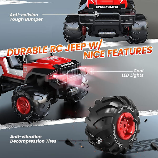 Suuri kauko-ohjainauto, 1:14 Jeep Crawler LED-valolla, Rc-kilpa-autot, maastoautot, 2,4 GHz:n maastoajoneuvon leluauto lapsille aikuisille, automaattitila,
