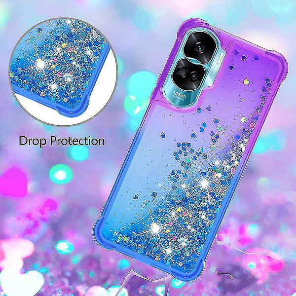 Gradient iskunkestävä cover Honor 90 Lite 5g, TPU Moving Glitter phone case Purple Sky Blue
