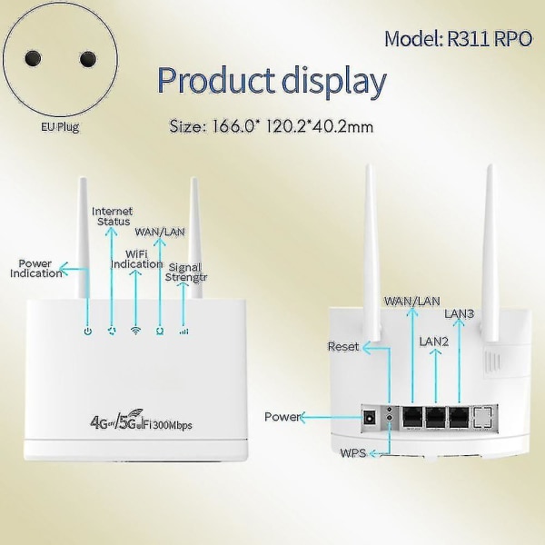 R311pro trådlös router - 4g/5g wifi, 300mbps, simkort, Eu-kontakt