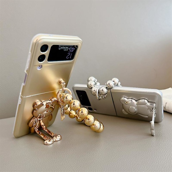 Plätering 3d Glitter Bear Stand Case Kompatibel Samsung Galaxy Z Flip 4 Z Flip 3 med armband cover Gold Z Flip 4