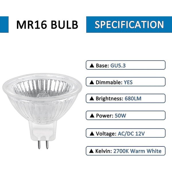 Halogeenipolttimo Gu5.3 50w 12v, 800lm lämmin valkoinen 2700k himmennettävä, halogeenipolttimo Mr16, 6 kpl pakkaus