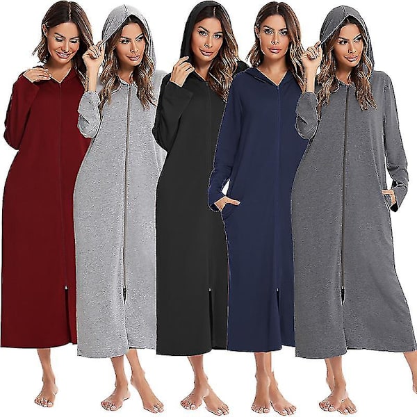 Lång morgonrock med huva, badrock med blixtlås, damm i hel längd, massiv ficka Housecoat Sovkläder Navy blue M