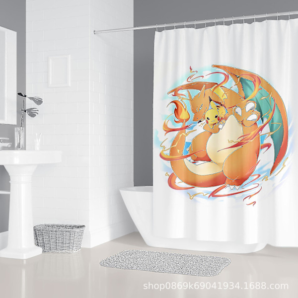 Sencu Pikachu Kawaii Anime tegneserie 3D-printet badeforhæng - 180x191 cm vandtæt polyester badeværelsesindretning med kroge