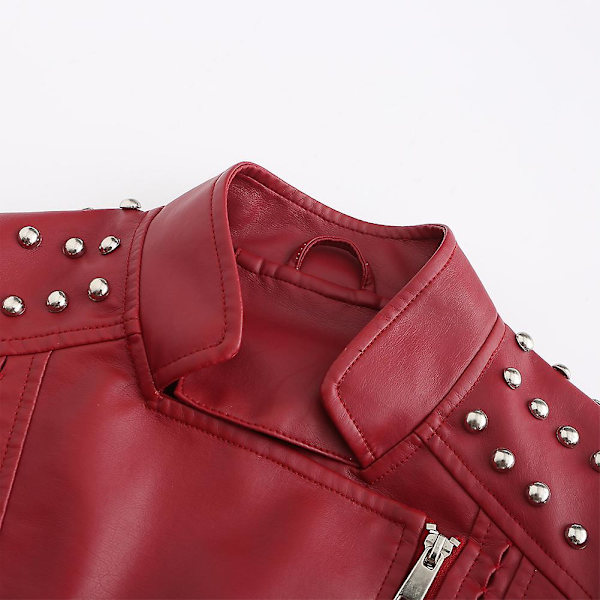 Allthemen Dam Enfärgad Lapel Stud Trim Classic-Fit Läderjacka Red M