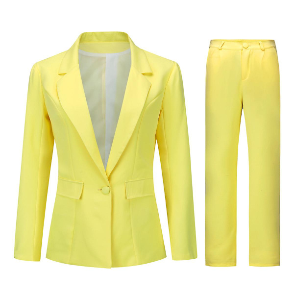 Yynuda 2-delt Slim Fit ensfarvet forretningsdragt til kvinder (blazer+bukser) Yellow M