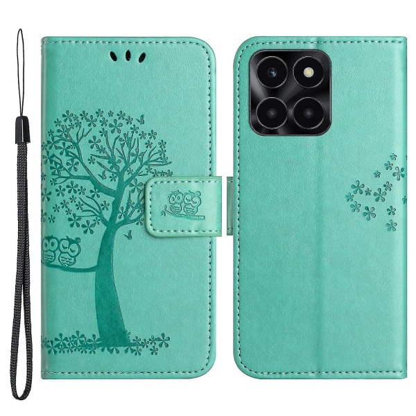 For Honor X6a 4g Owl Tree Imprinted Pu Læder Stand Wallet Case Fuld beskyttelse Telefon Cover Cyan