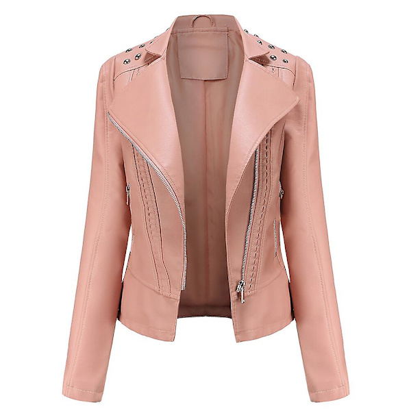 Allthemen Dam Enfärgad Lapel Stud Trim Classic-Fit Läderjacka Pink XS