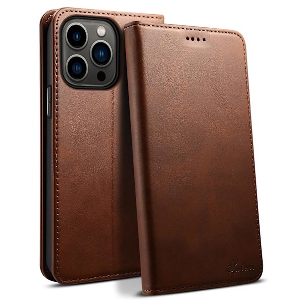 SUTENI för iPhone 15 Pro Phone case Calf Texture Plånboksställ Brown