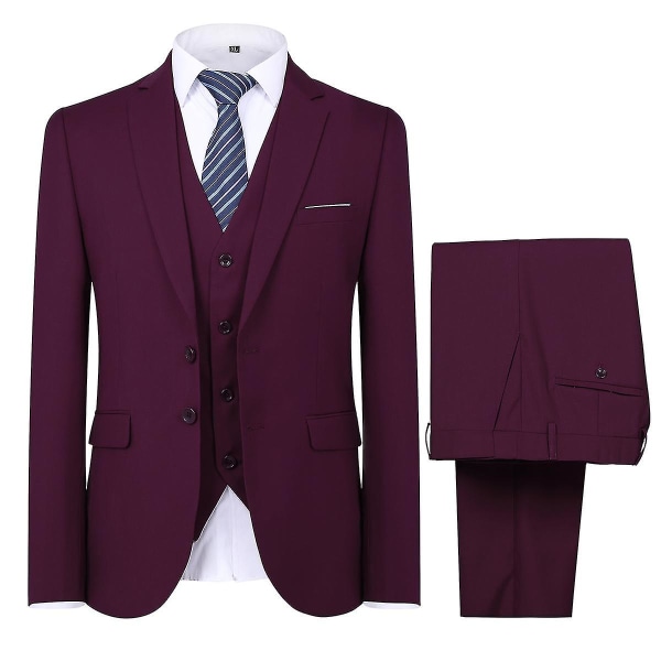 Herredragt til bryllupsfest Middag 3-delt Business Suit Blazer Vest Bukser 9 farver Dark Red S