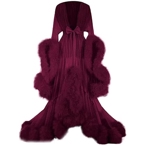 Släpande långklänning för kvinnor med fjäderutsvängda ärmar, perfekt för möhippa Wine Red XL