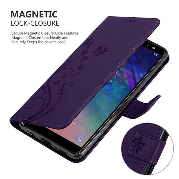 Samsung Galaxy A6 2018 Handy Hülle Cover Case Etui - med Blumenmuster och Standfunktion och Kartenfach FLORAL DARK LILA Galaxy A6 2018