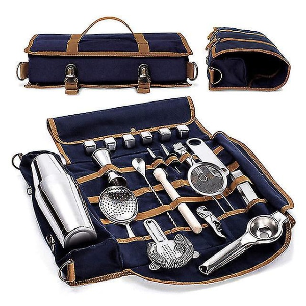 Professionell bartender åkpåse bärbar bar canvas verktygsväska cocktail shaker vinset set utan verktyg Blue only bag