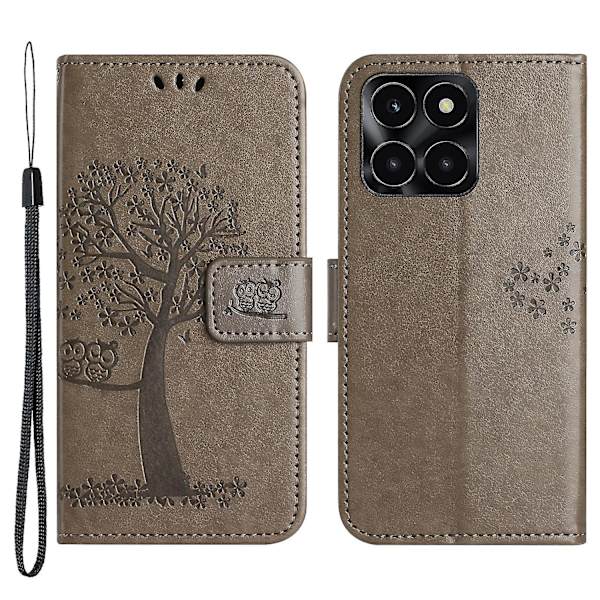 For Honor X6a 4g Owl Tree Imprinted Pu Læder Stand Wallet Case Fuld beskyttelse Telefon Cover Grey