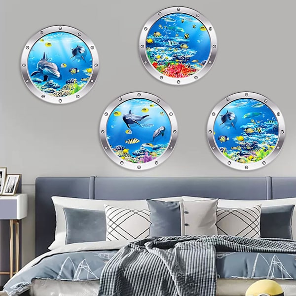 4 cps 3D-valokuvaus vedenalainen seinätarra Kylpyhuone Sea Life Animal Decal -vinyylijuliste, 100 % uusi B