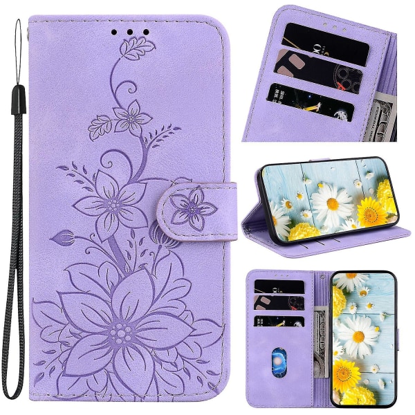 Case Oppo Reno 10 5g kohokuvioidulle Lily Flip Wallet Premium Pu cover korttitelineellä, yhteensopiva Oppo Reno 10 5g_ggod kanssa Purple