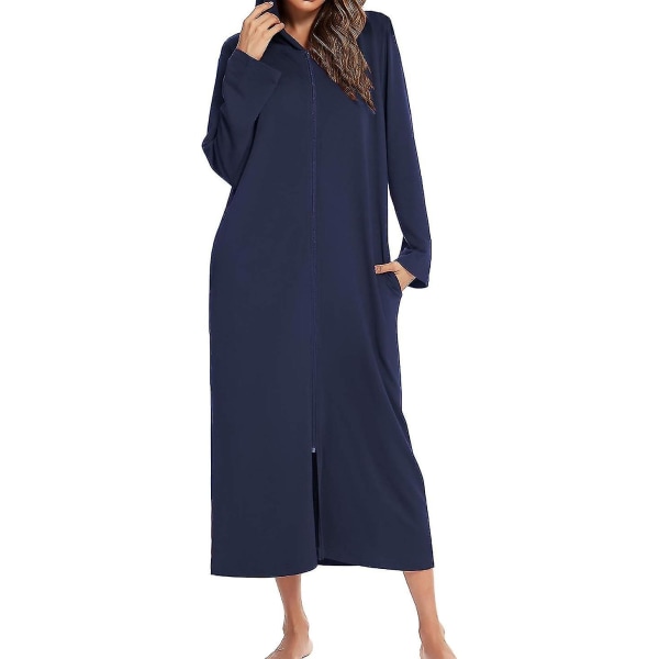 Dame lang kappe hætte badekåbe lynlås op duster fuld længde massiv lomme Housecoat nattøj Navy blue S