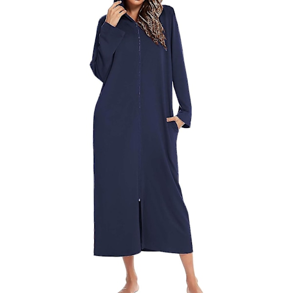 Lång morgonrock med huva, badrock med blixtlås, damm i hel längd, massiv ficka Housecoat Sovkläder Navy blue M