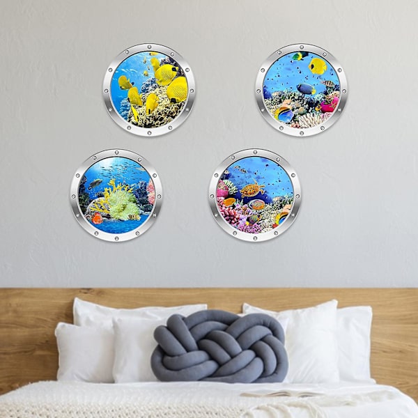 4 cps 3D-valokuvaus vedenalainen seinätarra Kylpyhuone Sea Life Animal Decal -vinyylijuliste, 100 % uusi E