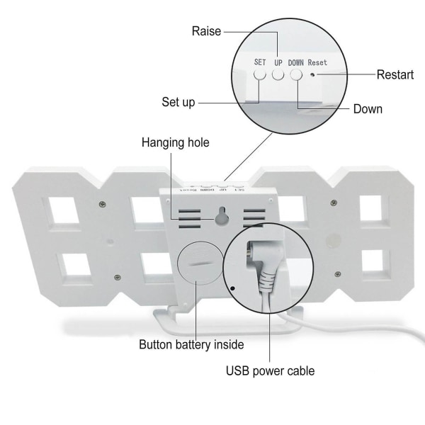 Led digitalt ur Vægdeko Glødende Nattilstand Justerbart elektronisk bordur Vægur Dekoration Stue Led-ur White