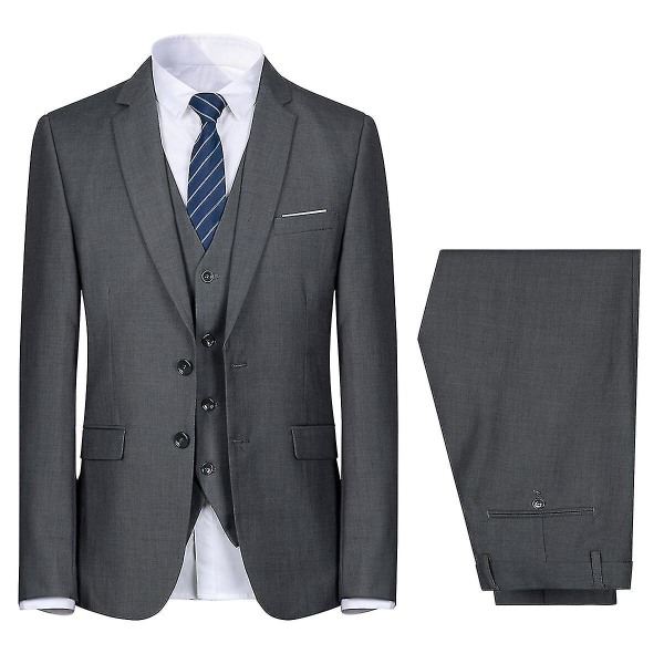 Herredragt til bryllupsfest Middag 3-delt Business Suit Blazer Vest Bukser 9 farver Dark Grey L