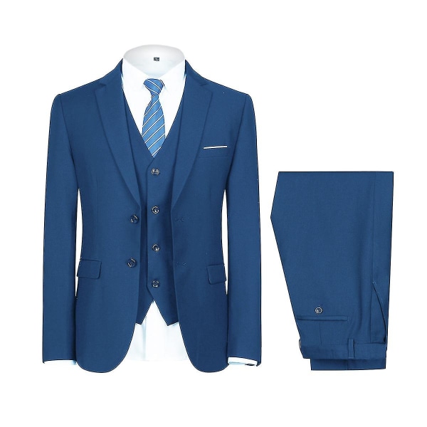 Herredragt til bryllupsfest Middag 3-delt Business Suit Blazer Vest Bukser 9 farver Sea Blue L