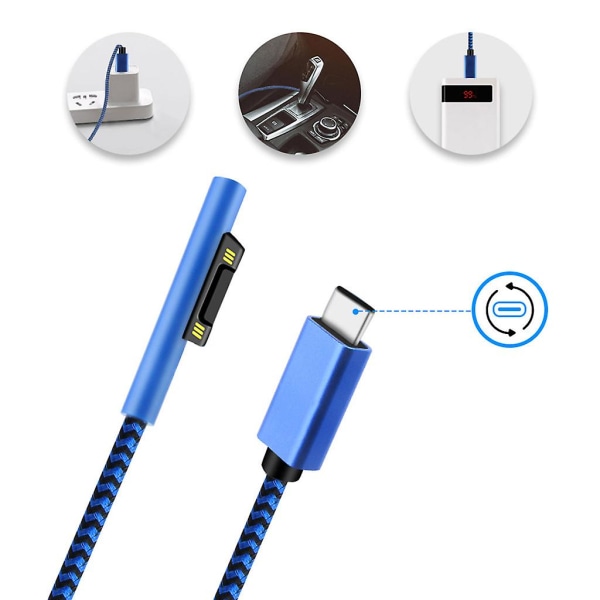 1,8 m USB Typ-c power adapter 15v 3a Pd snabbladdningskabel för Microsoft- Surface Pro 3 4 5 6 7 Blue