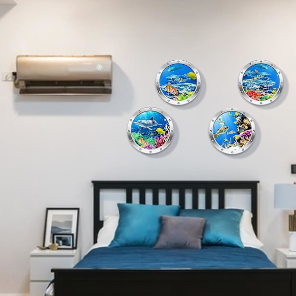 4 cps 3D-valokuvaus vedenalainen seinätarra Kylpyhuone Sea Life Animal Decal -vinyylijuliste, 100 % uusi F
