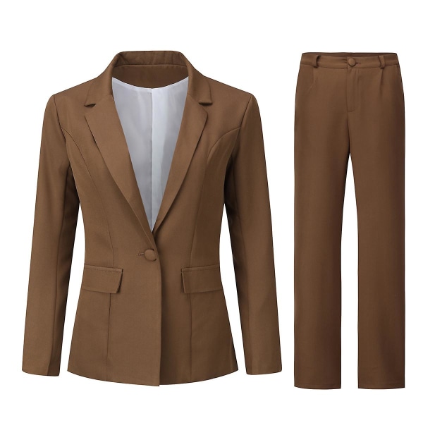 Yynuda 2-delt Slim Fit ensfarvet forretningsdragt til kvinder (blazer+bukser) Brown L